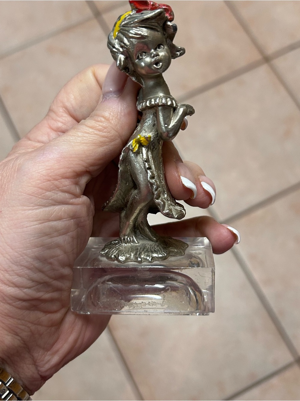Silver Figurine Sculpture with Yellow Accents - Home Art Decor